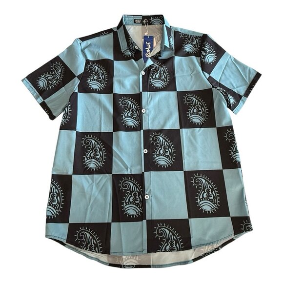 ROMWE Mens Casual Button Down Shirt~Size M~Blue Black Vacay Beach Top~L12 01 - Picture 5 of 7